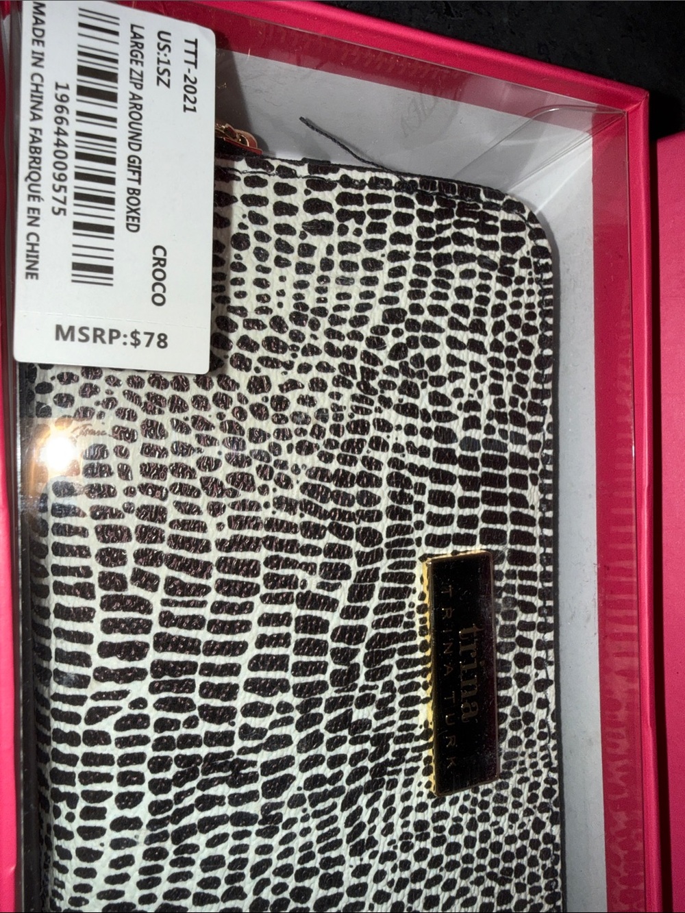 Trina Turk Black and White Croc-Print Zip Around Wallet